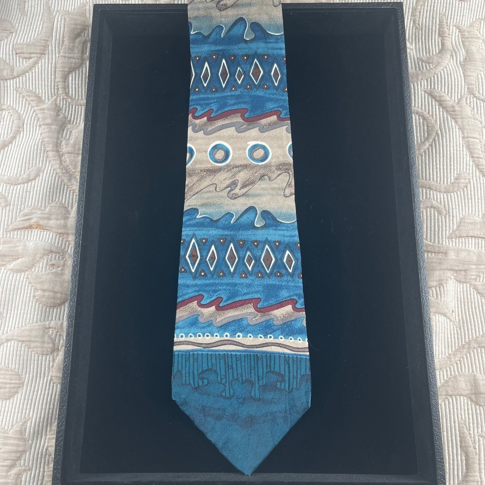 Etienne Aigner Mens Silk Necktie Blue Teal Abstract Geometric 57x3.75
